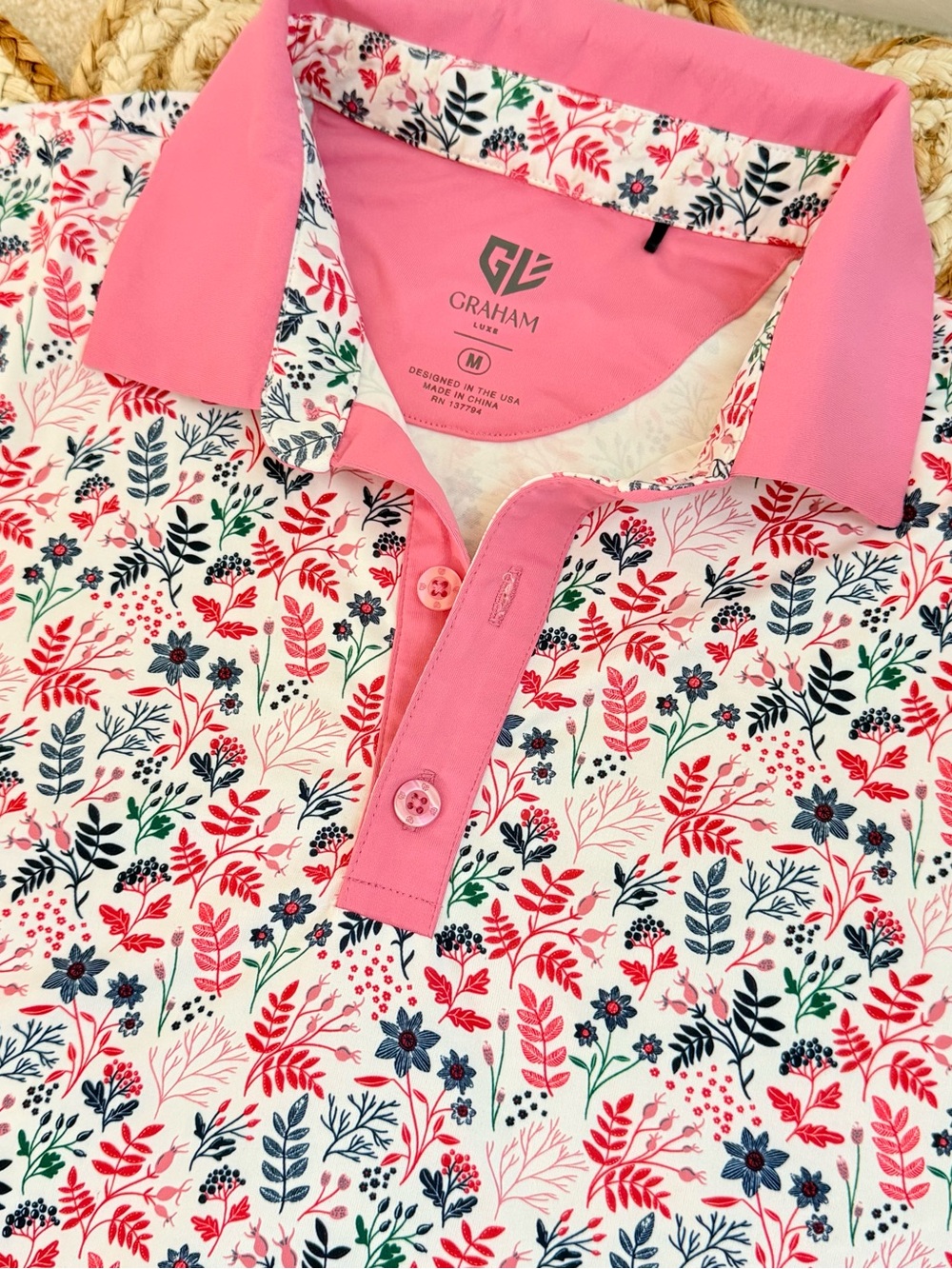 🌾 Graham Luxe Men’s Pink Floral Golf Polo  - Performance Shirt - Picture 2 of 4
